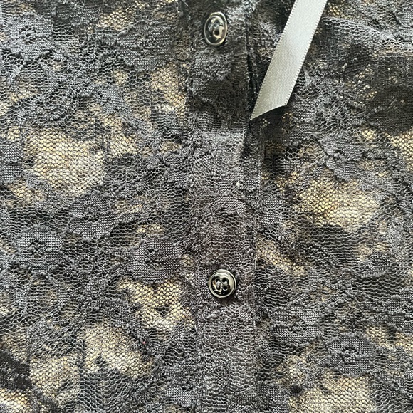 UNIQUE VINTAGE Black Lace Short-Sleeve Blouse with Ribbon Tie Size M - Picture 5 of 9